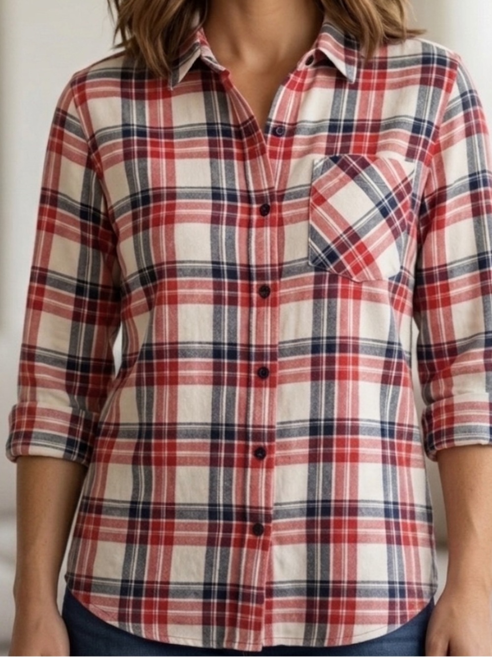 TNA Aritzia Brisco Small Red Plaid Oversized Flannel Button-Down Shirt